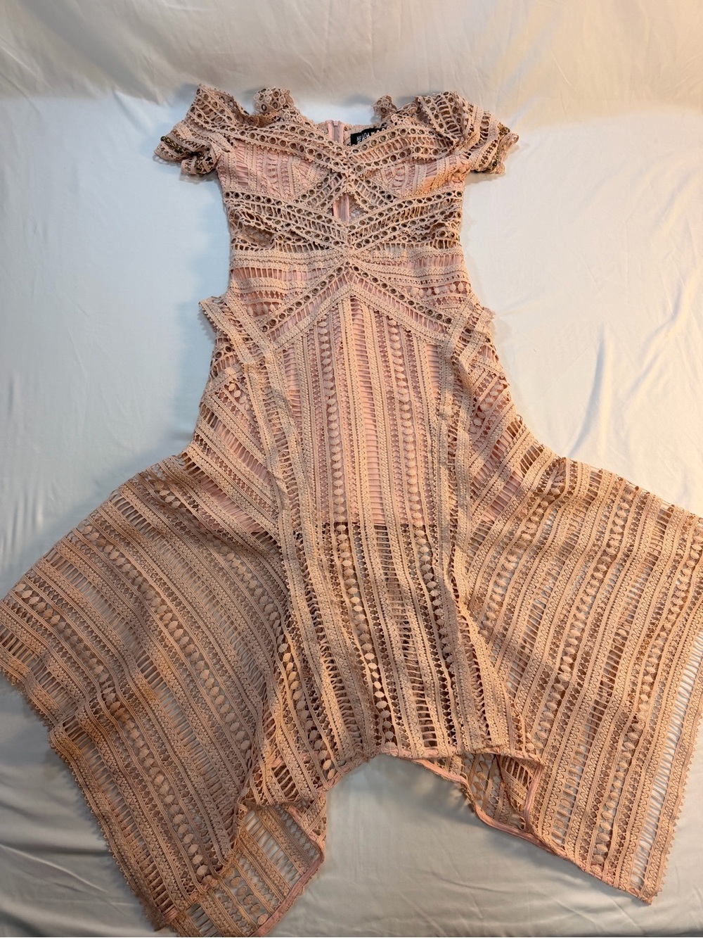 Nevada N Blush Pink Lace Crochet Dress Studded Grommet Handkerchief Hem M